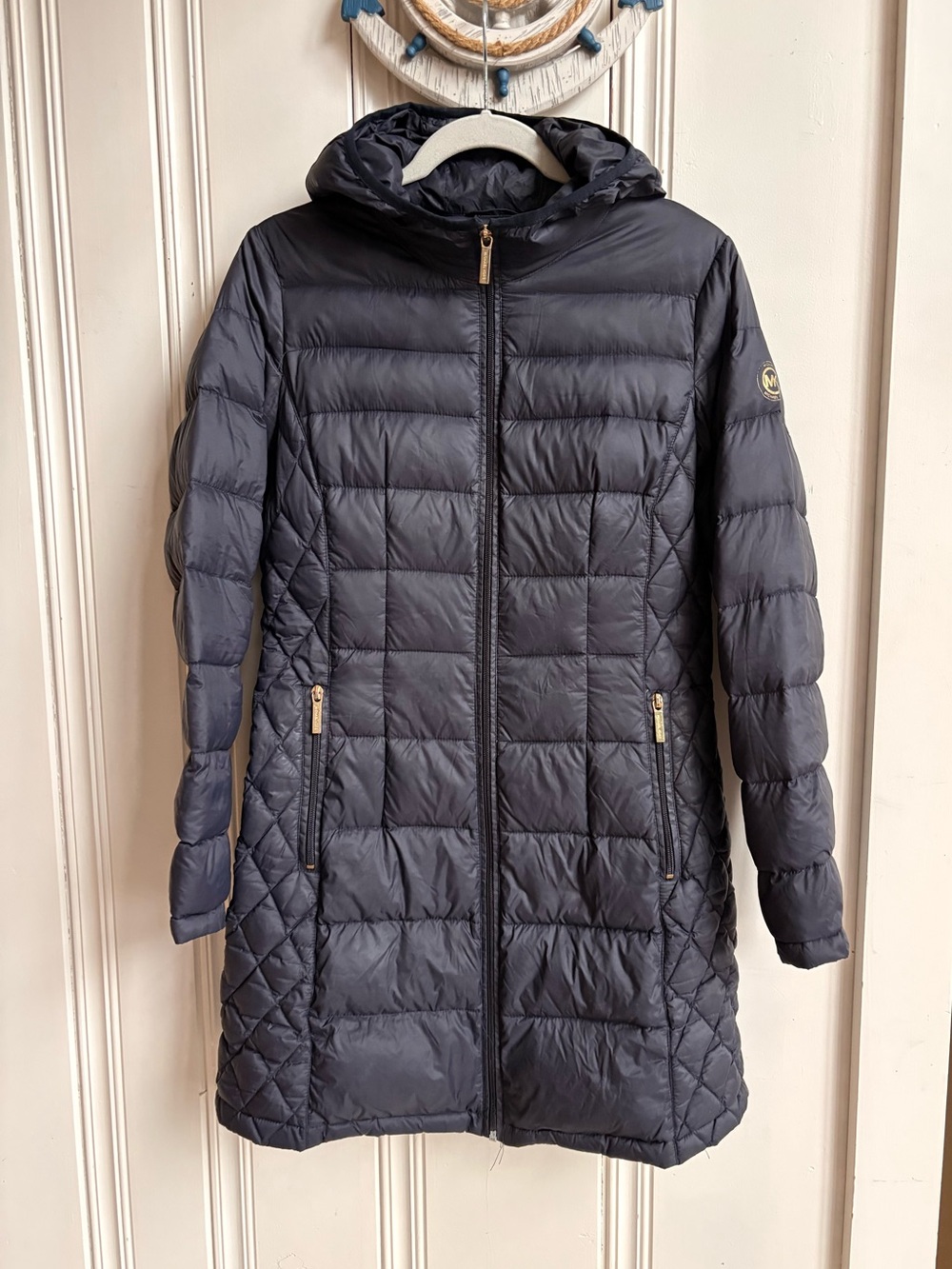 Michael Kors Quilted Hooded Long Puffer Coat in Navy blue Small